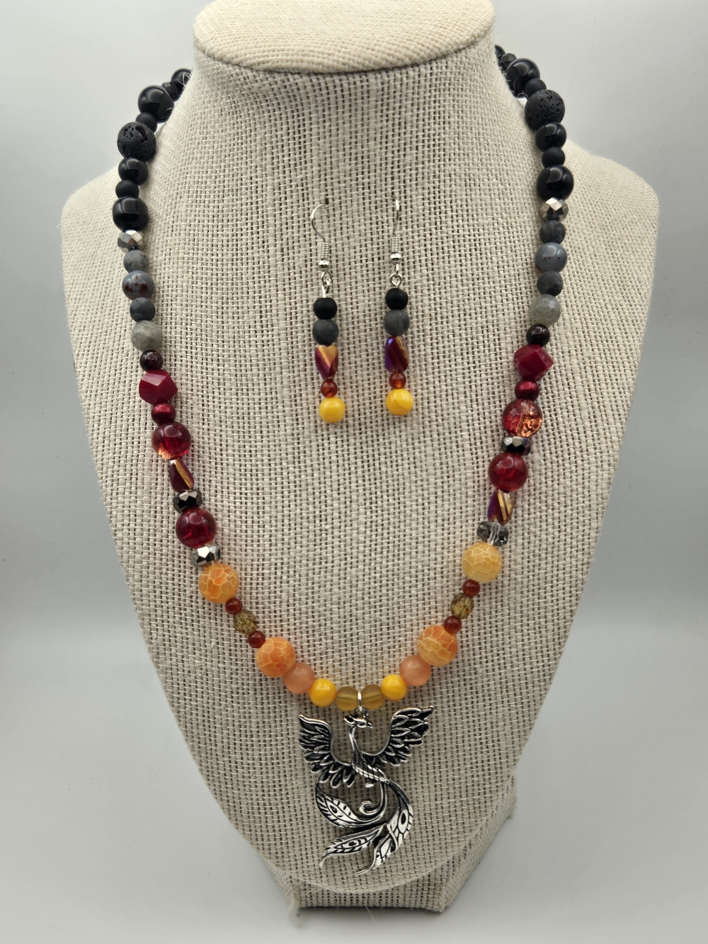 Handmade Orange & Red Beaded Necklace with Phoenix Pendant